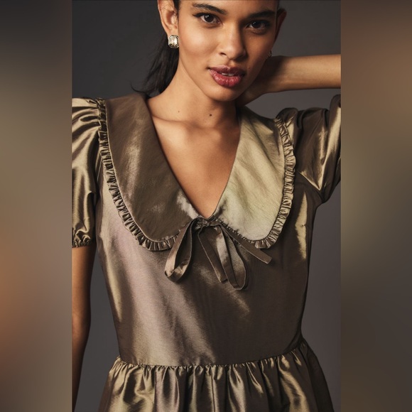 ✨ Anthropologie Short-Sleeve Collared Taffeta Mini Dress Sz L - Picture 3 of 6